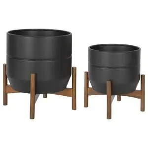 Home Decoration Accent Flower Pots Metal Iron Planter Black Coated With wooden Stand Set Of Two Bohemian Tabletop Flower Pots