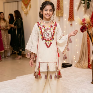 Conjunto de Ropa Étnica para Bebés Niñas, Nueva Colección 2026, Kurta de Algodón con Bordado Tradicional de Espejos y Flecos, Pantalones Palazzo de Pierna Ancha para Fiesta - Product Image 1