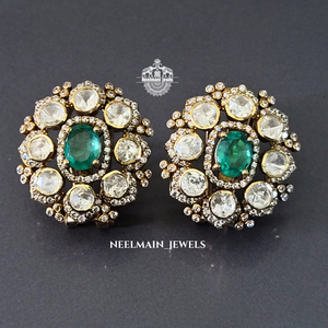Green <b>Emerald</b> Stone and Moissanite Polki Pendant and <b>Studs</b> Elegant Moissanite <b>Earrings</b> - Product Image 1