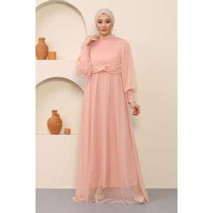 MSW12238-3 Pearl-Detailed Tulle Evening Gown Polka Dot Embroidered <b>Ball</b> Gown Empire Available XS Maxi-Length Knee-Length Styles - Product Image 3