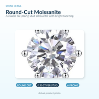 Boucles d'oreilles clous en argent sterling 925 avec moissanite ronde de 0,5 carat, serties de six griffes, pour femme