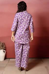Hand Block Printed Cotton Co-Ord Set for Women Purple Floral Button Front Eco-Friendly Handmade Daily Casual Summer Wear - Product Image 2