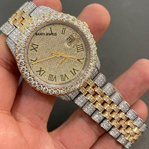นาฬิกาหรูหราสองสี สแตนเลสสตีล ประดับเพชรโมอิสซาไนต์ ขอบเพชร ระบบกลไกคู่ สำหรับทุกเพศ สไตล์ฮิปฮอป เครื่องประดับระดับพรีเมียม ดีไซน์วิบวับ - Product Image 1