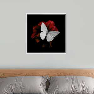 Elegant White Butterfly on Red Flower Printed <b>Canvas</b> Art Poster,White <b>Framed</b> - Product Image 1