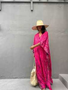 El más nuevo verano primavera Tie Dye Kaftan Maxi vestido con cuello en V media manga playa cubrir-Up tejido hasta el suelo vestido - Product Image 4