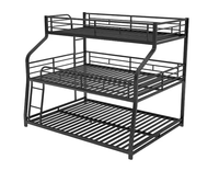 Lit superposé triple moderne en métal, robuste, avec échelle et barrières de sécurité, noir, pour appartement et chambre à coucher, sans sommier.