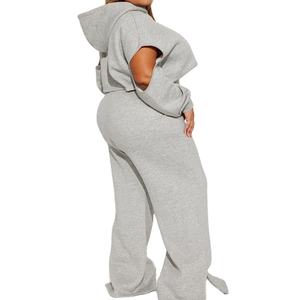 Ensemble 2 pièces molletonné pour femme grande taille : sweat à capuche court à manches longues et pantalon de survêtement large – Tenue décontractée – Fournisseur OEM - Product Image 2