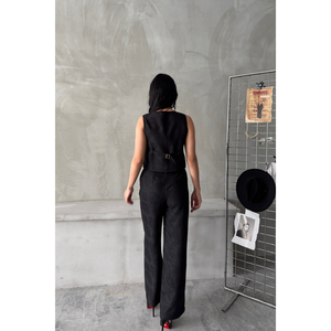 Conjunto de Chaleco y Pantalones de Lino para Mujer, con un Botón, en Color Negro - Product Image 1