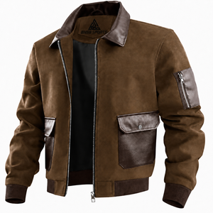 <b>Men's</b> Vintage Brown Faux <b>Suede</b> Bomber <b>Jacket</b> Contrast Pockets Ribbed Cuffs Zipper OEM Service - Product Image 1