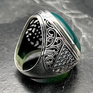 Men's Vintage Style Statement <b>Ring</b> Handmade Silver Green Agate Oval Aqeeq Gemstone Eye Shape Pattern Inlay Unique Boho Jewel for - Product Image 5