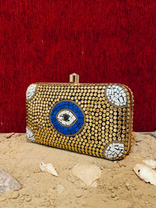 Handcrafted Evil Eye Mosaic <b>Clutch</b> <b>Bag</b> with Mother of <b>Pearl</b> Inlay Gold Tone Metal Work Luxury Evening Party Handbag for women - Product Image 3