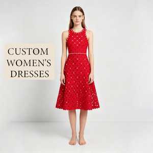 <span class=keywords><strong>Vestido</strong></span> <span class=keywords><strong>Midi</strong></span> Personalizado para Mujer, Rojo, con Encaje <span class=keywords><strong>Guipur</strong></span> y Perlas, Estilo Halter, Corte en A, OEM, ODM, Marca Privada - Product Image 1