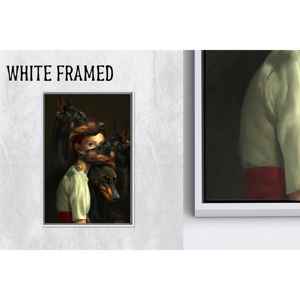 Toile imprimée : Femme et Dobermans - Décoration moderne pour chambre à coucher, toile encadrée blanche 1P - Product Image 1