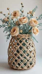 Panier à fleurs ovale en osier tressé à la main avec poignée torsadée haute - Panier cadeau décoratif multicolore - Product Image 2