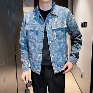 Veste Décontractée à la Mode pour Homme de Haute Qualité Printemps Automne Cowboy Manteau à Revers Motif Jacquard Tops à Carreaux Vestes en Denim pour Homme - Product Image 1