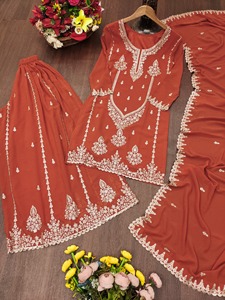 Salwar Kameez de Georgette para Mujer, Estilo Indio, Color Naranja, Bordado, Tradicional, para Bodas y Fiestas, Estilo India-Pakistán, Elegante - Product Image 6
