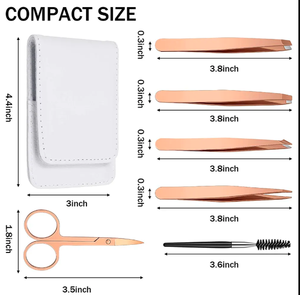 ชุดแหนบ6ชิ้นสีโรสโกลด์4ชิ้นกรรไกรถอนขนคิ้วปลายแหลมและเครื่องมือร้อยคิ้ว - Product Image 1