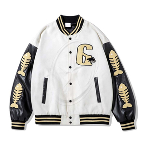 Hombres Furry Fish Bone bordado mujeres Varsity chaqueta de cuero manga Hip Hop Street College carta bombardero abrigo chaqueta de béisbol - Product Image 1