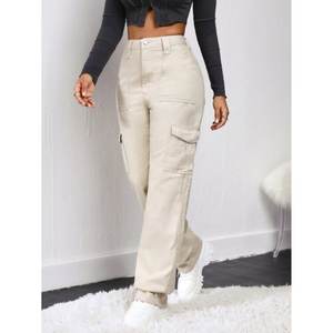 Jean cargo multipoches en denim crème pour femme, taille haute, extensible, durable, style streetwear, tailles 26 à 40 - Product Image 3