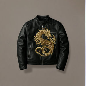 แจ็กเก็ตหนังสีดำปักลายสำหรับผู้ชายปกพับและแขนเสื้อหนัง PU งานตามสั่ง - Product Image 4