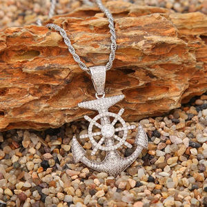 Collier pendentif ancre en or 14 carats plaqué or, serti de diamants moissanite, style hip-hop, vente en gros de bijoux fantaisie - Product Image 5