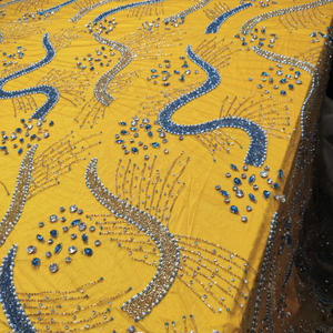 Tela de Red de Cristal con Cuentas Hechas a Mano en Amarillo Real con Bordado de Zari y Pedrería, Elegante Tela Bordada para Coser y Manualidades - Product Image 4