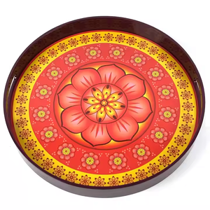 Plateau rond en laque MDF avec impression de mandala floral jaune rouge Plateau de service décoratif en bois fait à la main pour la maison et la cuisine - Product Image 5