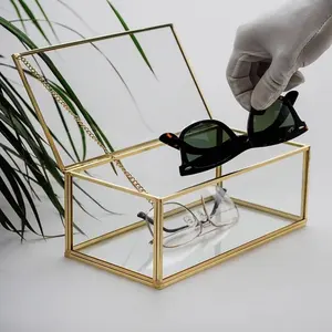 Werkslieferung hochwertig glänzend Gold Kristall klares Glas Schmuck-Organisator-Schachtel Glasdeckel Zubehör Schokolade Foto-Aufbewahrungsbox
