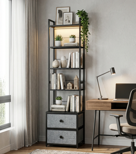 Étagère de rangement en métal moderne et haute avec 4 étagères et 2 tiroirs pour le salon, meubles de maison, design industriel - Product Image 2
