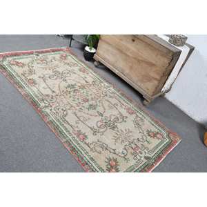 Tapis Turc Classique Vintage Beige Vert 3.6 X 6.8ft Laine Faite à la Main avec Support en Latex Motif Patchwork Rectangulaire pour Chevet - Product Image 4