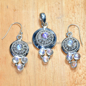 Rainbow <b>Moonstone</b> 925 Sterling Silver Pendant <b>Earring</b> Set for Parties Anniversaries Engagements Gifts Silver Plated Jewelry - Product Image 3