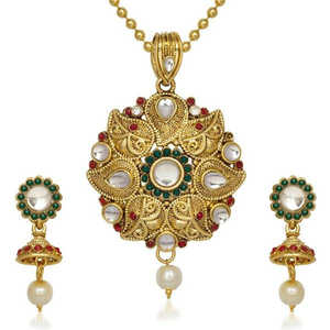 Kriaa Luxury Fine Jewelry <b>Set</b> Modern Classic Maroon Pota Stone Pendant with <b>Gold</b> Plating for Wedding Engagement Gift Made Alloy - Product Image 1