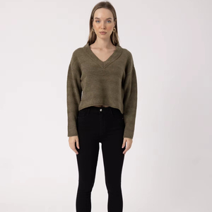 Maglione crop con scollo a V kaki