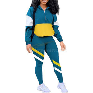 Ensemble de survêtement deux pièces à manches longues pour femmes avec veste zippée et pantalon à taille élastique Vêtements de sport confortables - Product Image 1