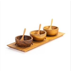 Juego de 3 cuencos de inmersión de condimentos de madera de teca con plato y cucharas, placa de diseño personalizado de lujo exclusiva ultradurable ecológica - Product Image 6