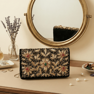 Gulnaar Garden Zardozi Embroidered Evening <b>Clutch</b> Satin Lined Party <b>Bag</b> Floral Square Rhinestone Crystal Brass Pearl Chain - Product Image 4
