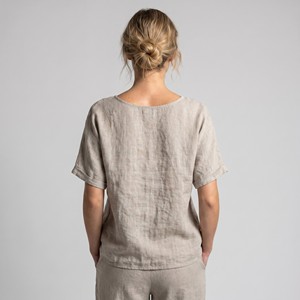 Camiseta de manga corta con cuello redondo y diseño floral, 100% lino, talla única (tallas 36–44) - Product Image 2