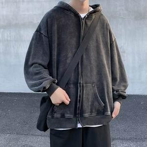 Custom Black Vintage Wash <b>Fleece</b> Hoodie <b>Jacket</b> for <b>Men</b> Winter Stylish <b>Jackets</b> Drop Shoulder Acid Washed Hoodie - Product Image 2