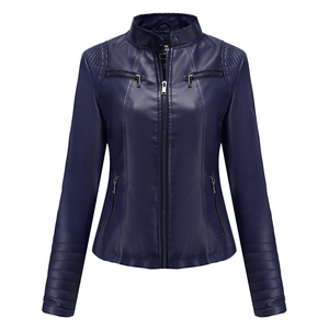 Chaqueta de cuero de piel de oveja Premium para mujer, aspecto de Moto clásico de gama alta con cuello levantado y forma contorneada delgada moderna elegante - Product Image 4