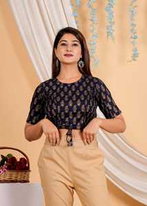 <b>Black</b> cotton blouse golden floral work round neck and short <b>sleeves</b> for easy everyday style made relaxed regular fit in l xl - Product Image 2