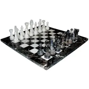 Custom Board Game Supplier High Quality Family Black Zebra Marble Chess Sets in UK Marble Material Origin Pakistan