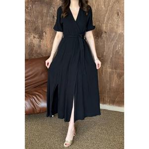<b>Black</b> <b>Wrap</b> Collar Muslin Linen Dress - <b>Black</b> - Product Image 4