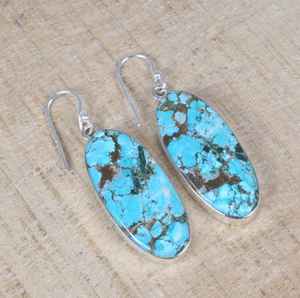 Boucles d'oreilles ovales turquoise faites à la main en argent sterling 925 plaqué or bijoux pour femmes à la mode pierre de naissance de décembre cadeau de noël - Product Image 2