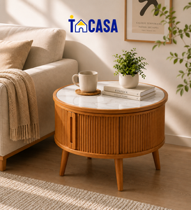 Scandinavian Round Coffee <b>Table</b> with Marble <b>Top</b>, <b>Solid</b> Ash <b>Wood</b> Tambour Storage Design for Living Room - Product Image 1