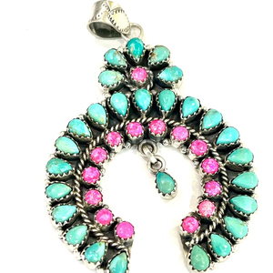 Hecho a mano plata esterlina turquesa y Rosa ópalo de fuego racimo Naja colgante negrita suroeste joyería artesanal - Product Image 1