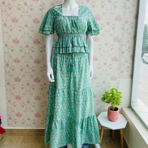 Womens Floral Co-Ord Set Printed Two-Piece <b>Crop</b> <b>Top</b> Flared Hem Long <b>Skirt</b> Bohemian Lace 100% Cotton Spring Summer Resort Wear - Product Image 1