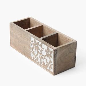Best Sale Handcrafted Wooden 3 Compartment Floral Design Cutlery Holder at Cheap Price From India - Product Image 2
