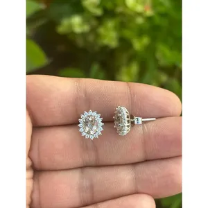Boucles d'oreilles clous en argent 925 plaqué or, forme fleur, avec Morganite pêche, Grenat, Améthyste, Quartz, Diamant, pour Mariage et Fiançailles - Product Image 2