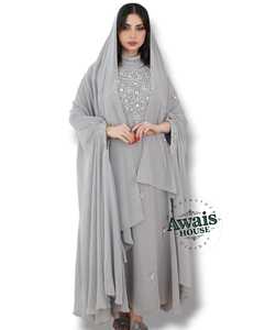 ชุดเดรสชีฟอง 2 ชิ้นสำหรับผู้หญิงมุสลิม ขายส่ง ผ้าโพลีเอสเตอร์ 100% ปักเลื่อมคริสตัล คอวี แขนยาว ทรงเอ เรียบง่าย - Product Image 6