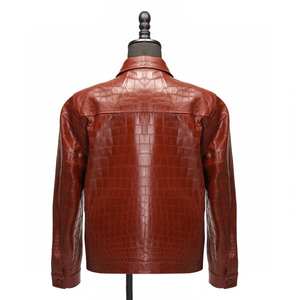 Veste en cuir de crocodile marron, veste de luxe en peau de crocodile polie, fermeture éclair intégrale, coupe ajustée, quatre poches, manteau pour homme - Product Image 6